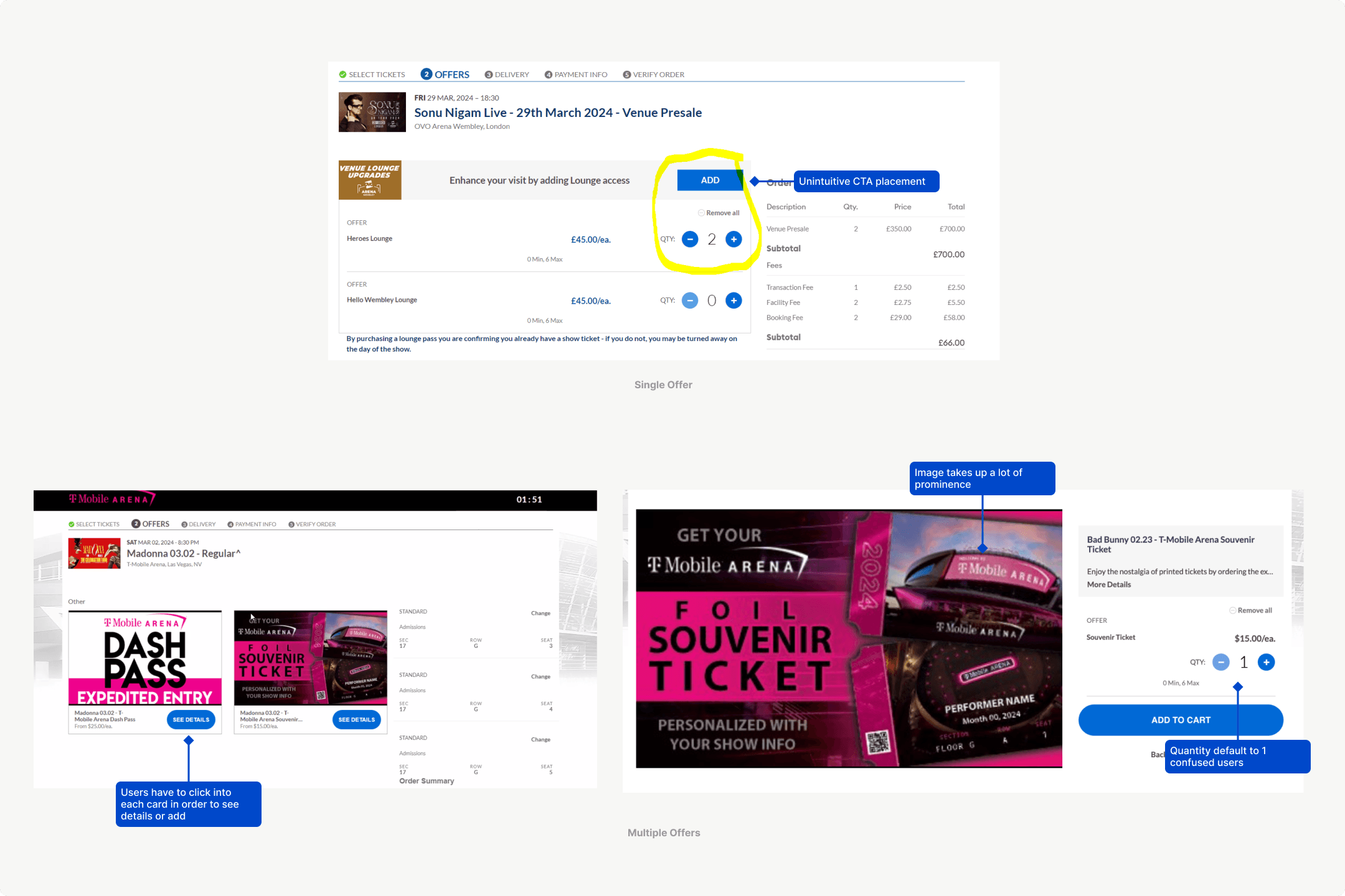 The legacy offer page, annotated to show it appearing after ticket selection.