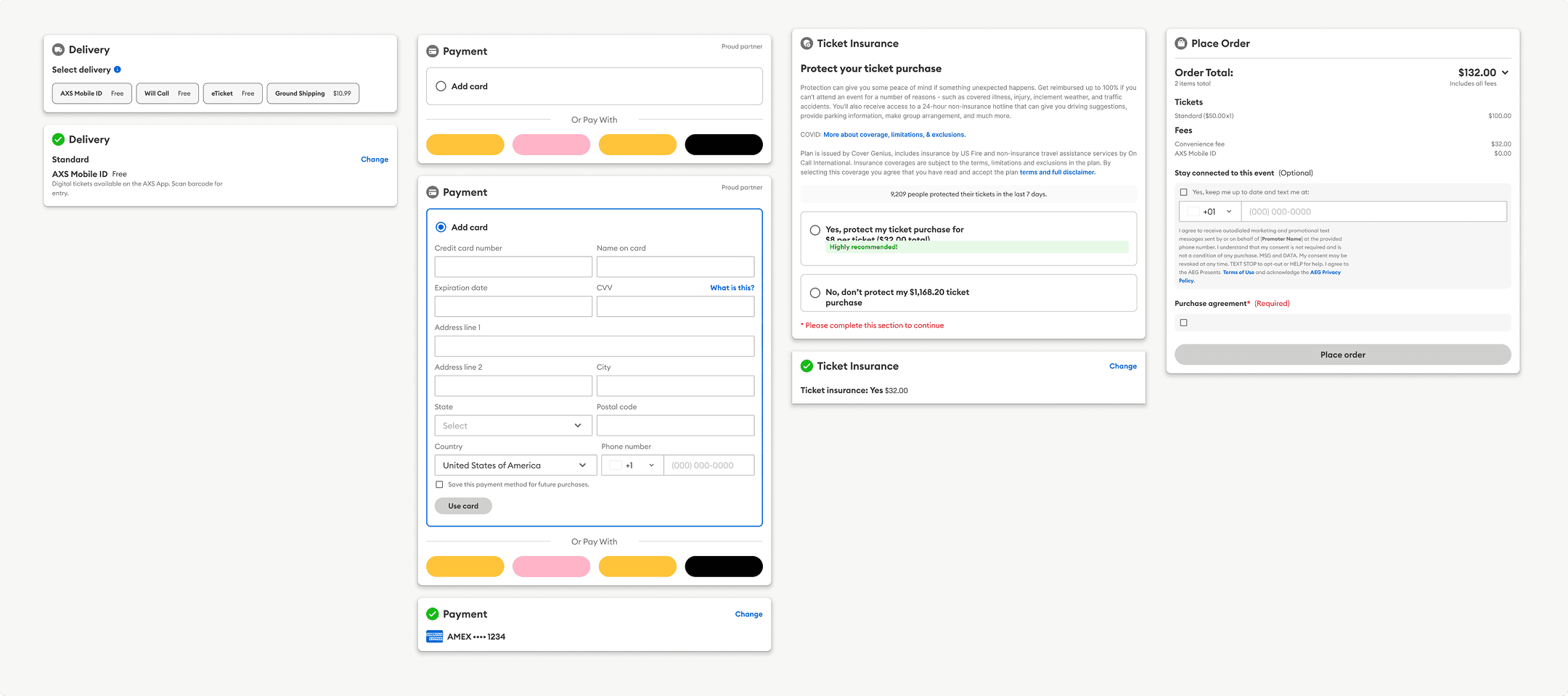 Grid of checkout UI components adopted into the AXS global design system.