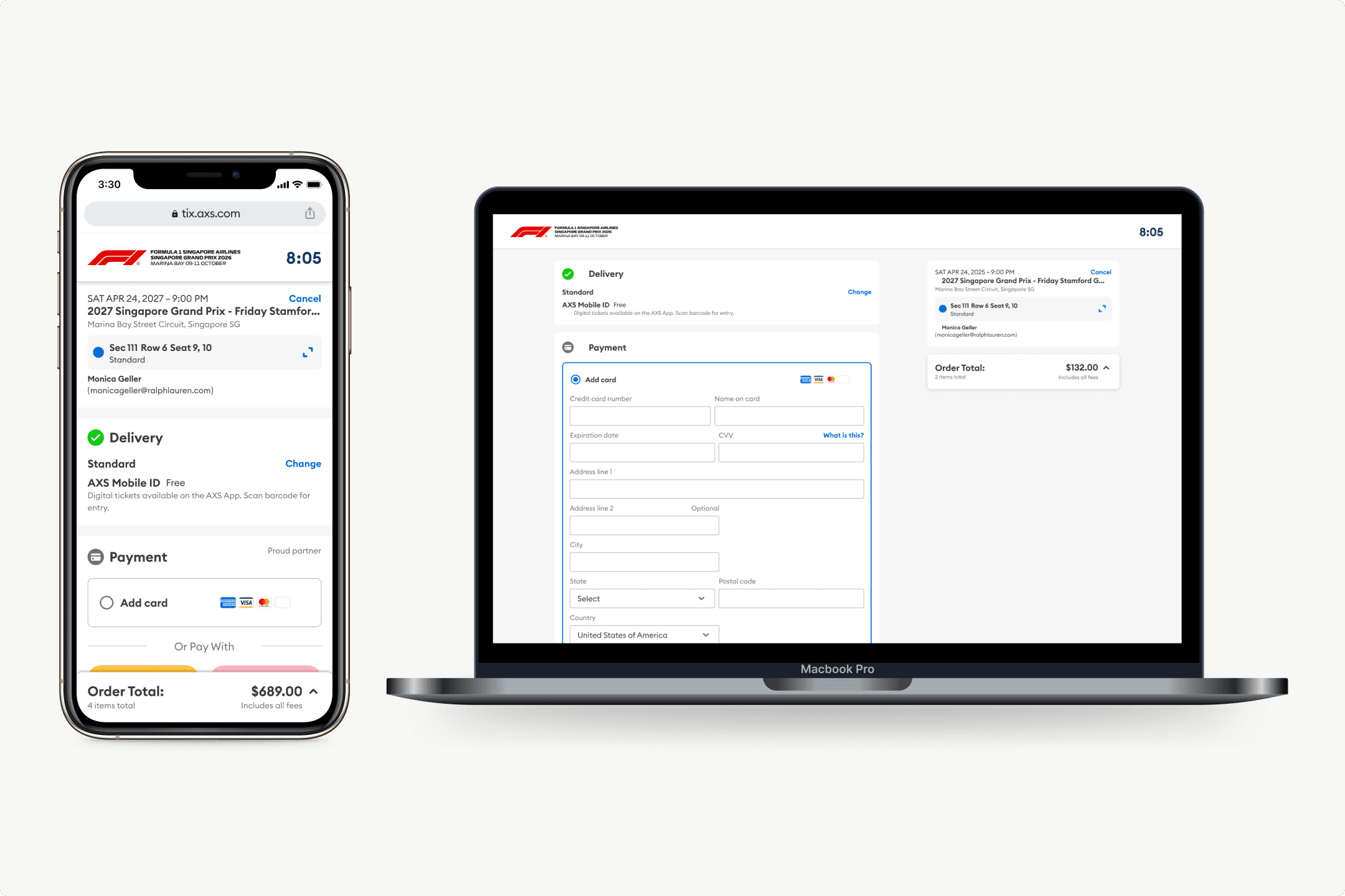 AXS single page checkout on mobile and desktop, showing delivery, payment, and order summary in a single view.